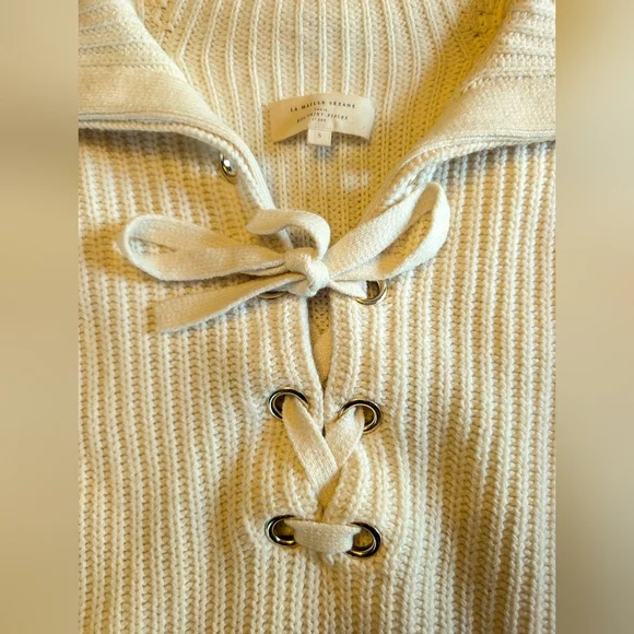 SEZANE Peter Laced Merino Blend Ribbed Flip Collar Jumper in Ecru Size S - Picture 11 of 15